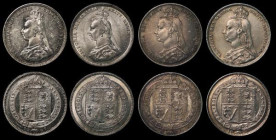 Shillings (4) 1887 Jubilee Head, Q with long, loop less tail, ESC 1351, Bull 3137, Davies 980 dies 1A, GEF and lustrous with prooflike fields with som...