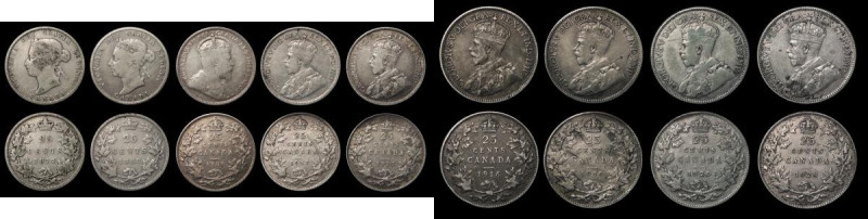 Canada 25 Cents (9) 1872H VG, 1888 Near Fine, 1906 Large Crown VG/Fine, 1912 Fin...