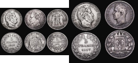 France Five Francs (5) 1830A Paris Mint KM#728.1 Fine, toned, 1837B Rouen Mint KM#749.2 Good Fine, 1846A Paris Mint KM#749.1 Fine, 1869BB Strasbourg M...