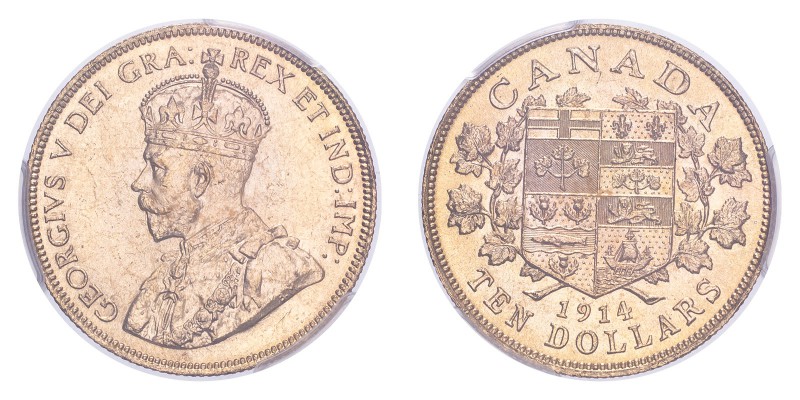 CANADA. George V, 1910-36. Gold 10 Dollars 1914, Ottawa. 16.72 g. Calendar year ...