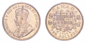 CANADA. George V, 1910-36. Gold 10 Dollars 1914, Ottawa. 16.72 g. Calendar year mintage 140,068. KM-27. In US plastic holder, graded PCGS MS63+, certi...