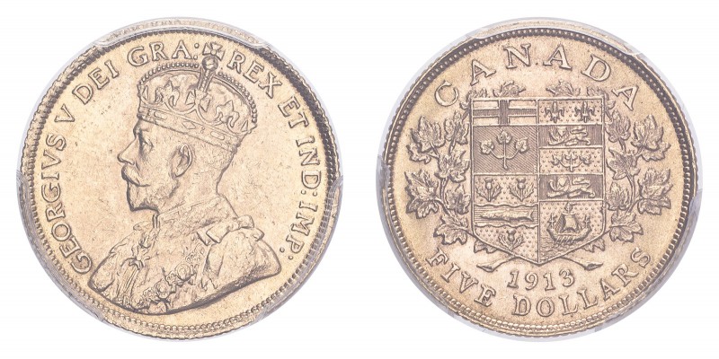 CANADA. George V, 1910-36. Gold 5 Dollars 1913, Ottawa. 8.36 g. Calendar year mi...