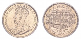 CANADA. George V, 1910-36. Gold 5 Dollars 1913, Ottawa. 8.36 g. Calendar year mintage 98,832. KM-26. In US plastic holder, graded PCGS MS62, certifica...