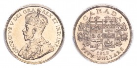 CANADA. George V, 1910-36. Gold 5 Dollars 1912, Ottawa. 8.36 g. Calendar year mintage 31,122. KM-26. In US plastic holder, graded PCGS AU58, certifica...