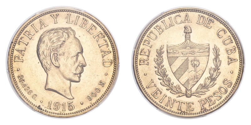 CUBA. Republic, 1902-59. Gold 20 Pesos 1915, 33.44 g. Calendar year mintage 57,0...