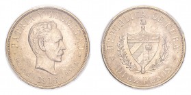 CUBA. Republic, 1902-59. Gold 10 Pesos 1916, 16.72 g. Calendar year mintage 1,169,000. KM-20. In US plastic holder, graded PCGS MS63, certification nu...