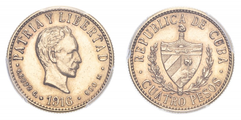 CUBA. Republic, 1902-59. Gold 4 Pesos 1916, 6.69 g. Calendar year mintage 129,00...