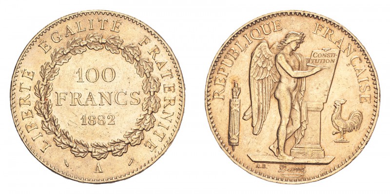 FRANCE. Third Republic, 1870-1940. Gold 100 Francs 1882-A, Paris. 32.25 g. KM-83...