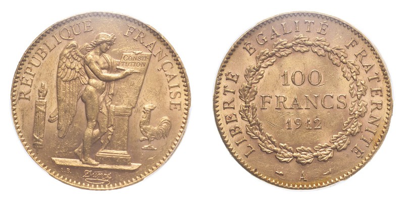 FRANCE. Third Republic, 1870-1940. Gold 100 Francs 1912-A, Paris. 32.26 g. Gad-1...