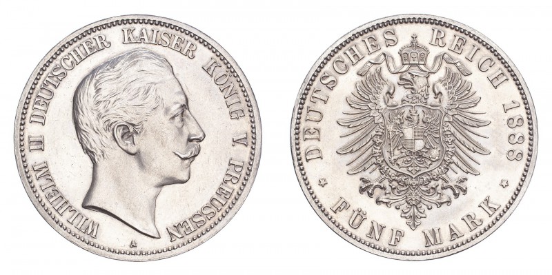 GERMANY: PRUSSIA. Wilhelm II, 1888-1918. 5 Mark 1888-A, Berlin. 27.77 g. Calenda...