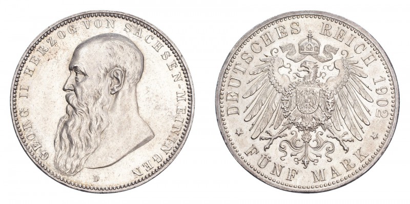 GERMANY: SAXE-MEININGEN. Georg II, 1866-1914. 5 Mark 1902-D, Dresden. 27.77 g. C...