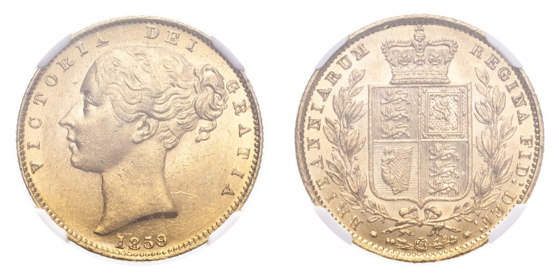 GREAT BRITAIN. Victoria, 1837-1901. Gold Sovereign 1859, London. Shield. 7.99 g....