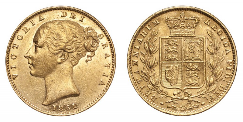 GREAT BRITAIN. Victoria, 1837-1901. Gold Sovereign 1861, London. Shield. 7.99 g....