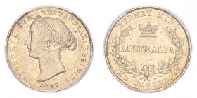 AUSTRALIA. Victoria, 1837-1901. Gold Sovereign 1857, Sydney. 7.99 g. Calendar year mintage 499,000. KM-4. In US plastic holder, graded PCGS AU53, cert...