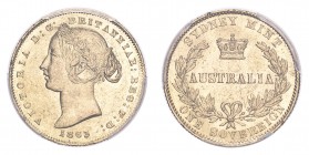 AUSTRALIA. Victoria, 1837-1901. Gold Sovereign 1863, Sydney. 7.99 g. Calendar year mintage 1,255,500. KM-4. In US plastic holder, graded PCGS AU58, ce...