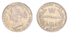 AUSTRALIA. Victoria, 1837-1901. Gold Sovereign 1865, Sydney. 7.99 g. Calendar year mintage 2,130,000. KM-4. In US plastic holder, graded PCGS AU53, ce...