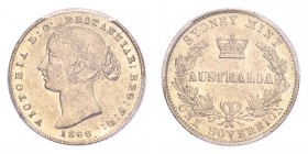 AUSTRALIA. Victoria, 1837-1901. Gold Sovereign 1866, Sydney. 7.99 g. KM-4. In US plastic holder, graded PCGS AU58, certification number 84644353.