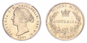 AUSTRALIA. Victoria, 1837-1901. Gold Sovereign 1867, Sydney. 7.99 g. Calendar year mintage 2,370,000. KM-4. In US plastic holder, graded PCGS MS62, ce...