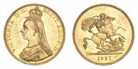 GREAT BRITAIN. Victoria, 1837-1901. Gold 5 Pounds 1887, London. 39.94 g. S-3864. Scuffed but good lustre coming through. Extremely fine.