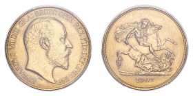 GREAT BRITAIN. Edward VII, 1901-10. Gold 5 Pounds 1902, London. Matte Proof. 39.94 g. S-3966. In US plastic holder, graded PCGS PR61, certification nu...