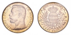 MONACO. Albert, 1889-1922. Gold 100 Francs 1904-A, Paris. 32.26 g. Gad-MC124; KM-105; F-13. In US plastic holder, graded PCGS MS63, certification numb...