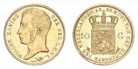 NETHERLANDS. Willem I, 1815-40. Gold 10 Gulden 1839, Utrecht. 6.73 g. KM-56. Uncirculated.