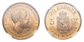 NORWAY. Oscar II, 1872-1905. Gold 20 Kroner 1875, Kongsberg. 8.96 g. Calendar year mintage 105,000. KM-348. First type with dual denomination. In US p...
