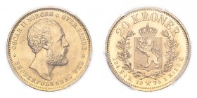 NORWAY. Oscar II, 1872-1905. Gold 20 Kroner 1876, Kongsberg. 8.96 g. Calendar year mintage 109,000. KM-355. In US plastic holder, graded PCGS MS64+, c...