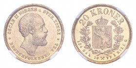 NORWAY. Oscar II, 1872-1905. Gold 20 Kroner 1877, Kongsberg. 8.96 g. Calendar year mintage 38,000. KM-355. Rare date, especially in this grade. In US ...