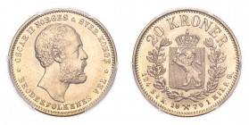 NORWAY. Oscar II, 1872-1905. Gold 20 Kroner 1879, Kongsberg. 8.96 g. Calendar year mintage 46,000. KM-355. In US plastic holder, graded PCGS MS65, cer...