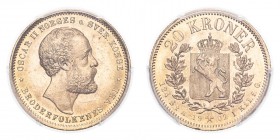 NORWAY. Oscar II, 1872-1905. Gold 20 Kroner 1902, Kongsberg. 8.96 g. Calendar year mintage 50,400. KM-355. In US plastic holder, graded PCGS MS64, cer...