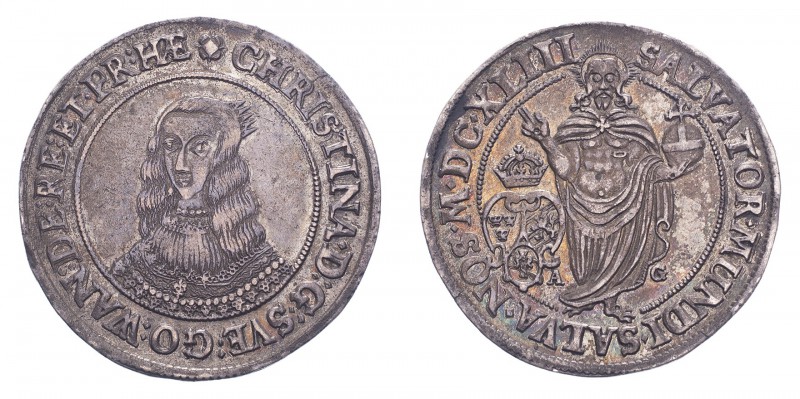 SWEDEN. Kristina, 1632-54. 1/2 Riksdaler 1643, Stockholm. 14.33 g. Ahlstrom 28. ...