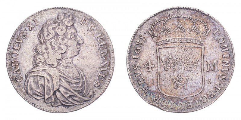 SWEDEN. Karl XI, 1660-97. 4 Mark 1688, Stockholm. 20.71 g. Ahlstrom 144. Very fi...