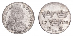 SWEDEN. Karl XII, 1697-1718. 2 Mark 1701, Stockholm. 10.4 g. Ahlstrom 62; KM-314. In US plastic holder, graded NGC MS62, certification number 4662162-...