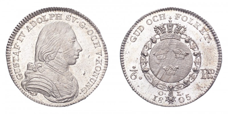 SWEDEN. Gustav IV Adolf, 1792-1809. 1/6 Riksdaler 1805, Stockholm. 6.23 g. Ahlst...