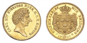 SWEDEN. Karl XIV Johan, 1818-44. Gold Ducat 1837, Stockholm. 3.49 g. Ahlstrom 32; Fr. 87. Bruise on king's cheek. About extremely fine.