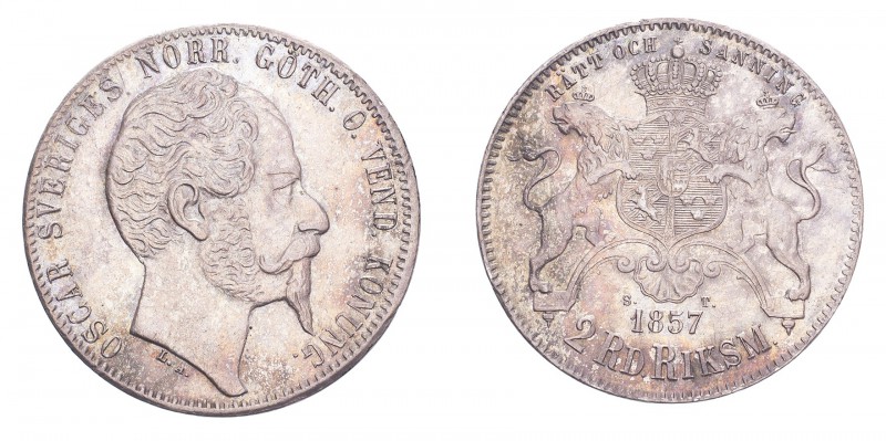 SWEDEN. Oscar I, 1844-59. 2 Riksdaler riksmynt 1857, Stockholm. 16.88 g. Ahlstro...