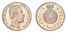SWEDEN. Karl XV, 1859-72. Gold Carolin/10 Francs 1868, Stockholm. 3.25 g. Calendar year mintage 33,468. Ahlstrom 10; KM 716; Fr.92. In US plastic hold...