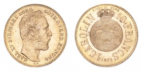 SWEDEN. Karl XV, 1859-72. Gold Carolin/10 Francs 1872, Stockholm. 6.45 g. Ahlstrom 11; Fb. 92; Schl. 101. About uncirculated.