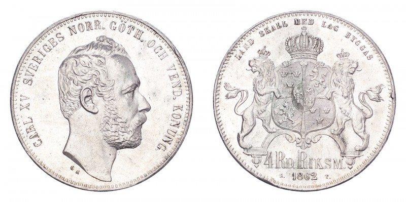 SWEDEN. Karl XV, 1859-72. 4 Riksdaler Riksmynt 1862, Stockholm. 34.06 g. Ahlstro...