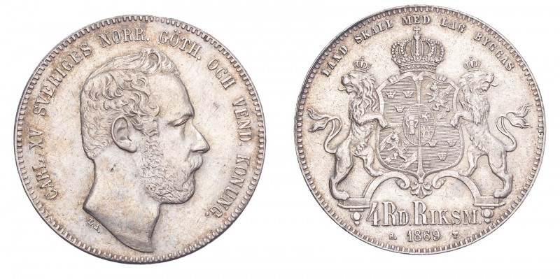 SWEDEN. Karl XV, 1859-72. 4 Riksdaler Riksmynt 1869, Stockholm. 34.13 g. Ahlstro...