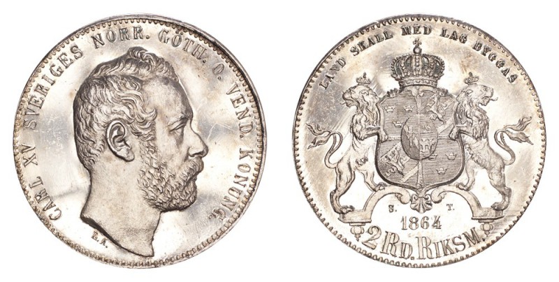 SWEDEN. Karl XV, 1859-72. 2 Riksdaler Riksmynt 1864/2, Stockholm. Proof. 17 g. A...