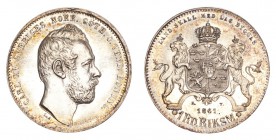 SWEDEN. Karl XV, 1859-72. 1 Riksdaler Riksmynt 1861, Stockholm. Proof. 8.5 g. Ahlstrom 29. Very rare in proof. In US plastic holder, graded NGC PF62, ...