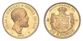 SWEDEN. Oscar II, 1872-1907. Gold 20 Kronor 1874, Stockholm. 8.96 g. KM-733. Uncirculated.