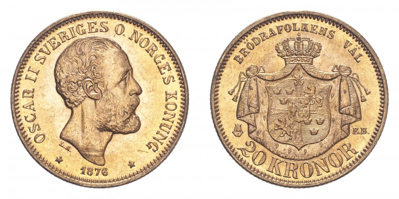 SWEDEN. Oscar II, 1872-1907. Gold 20 Kronor 1876, Stockholm. 8.96 g. KM-744. Unc...
