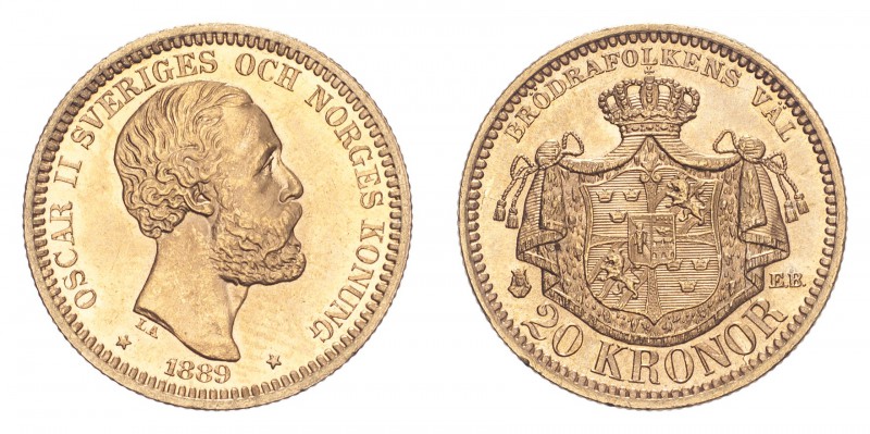 SWEDEN. Oscar II, 1872-1907. Gold 20 Kronor 1889, Stockholm. 8.96 g. KM-748. Unc...