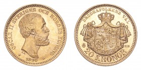 SWEDEN. Oscar II, 1872-1907. Gold 20 Kronor 1890, Stockholm. 8.96 g. KM-748. Uncirculated.