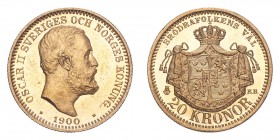 SWEDEN. Oscar II, 1872-1907. Gold 20 Kronor 1900, Stockholm. 8.96 g. KM-765. Uncirculated, prooflike.