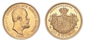 SWEDEN. Oscar II, 1872-1907. Gold 20 Kronor 1901, Stockholm. 8.96 g. KM-765. Uncirculated.