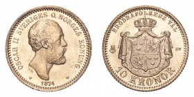 SWEDEN. Oscar II, 1872-1907. Gold 10 Kronor 1874, Stockholm. 4.48 g. KM-732. Uncirculated.